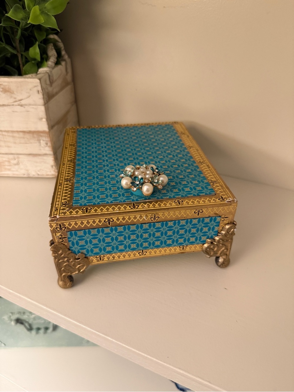 Vintage Style Turquoise Gold Cardboard Jewelry Trinket Box Pearl Rhinestone